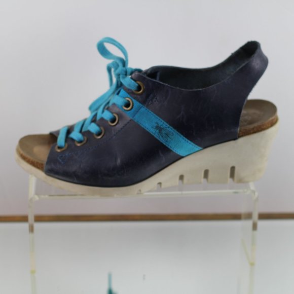 Vintage Fly Girl Blue Leather Peep Toe Wedges - Picture 5 of 15